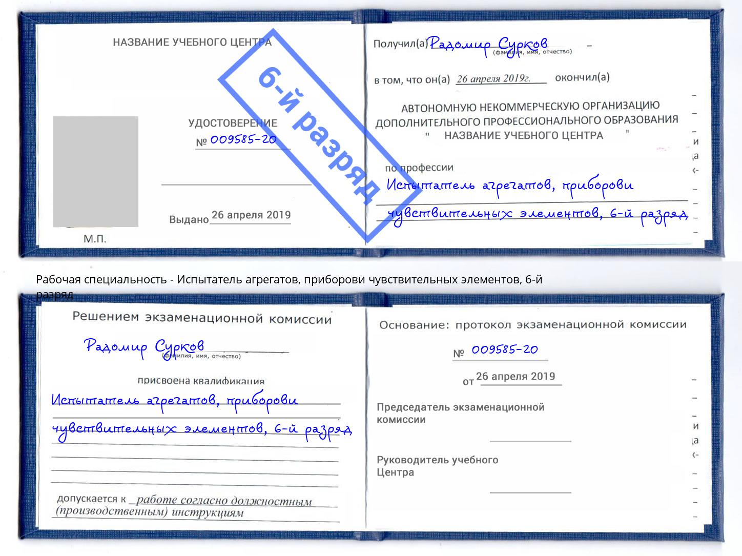 корочка 6-й разряд Испытатель агрегатов, приборови чувствительных элементов Озерск