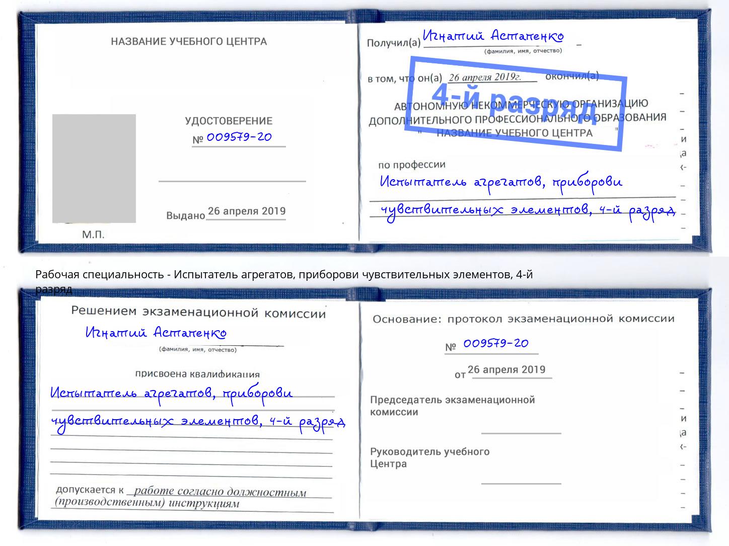 корочка 4-й разряд Испытатель агрегатов, приборови чувствительных элементов Озерск