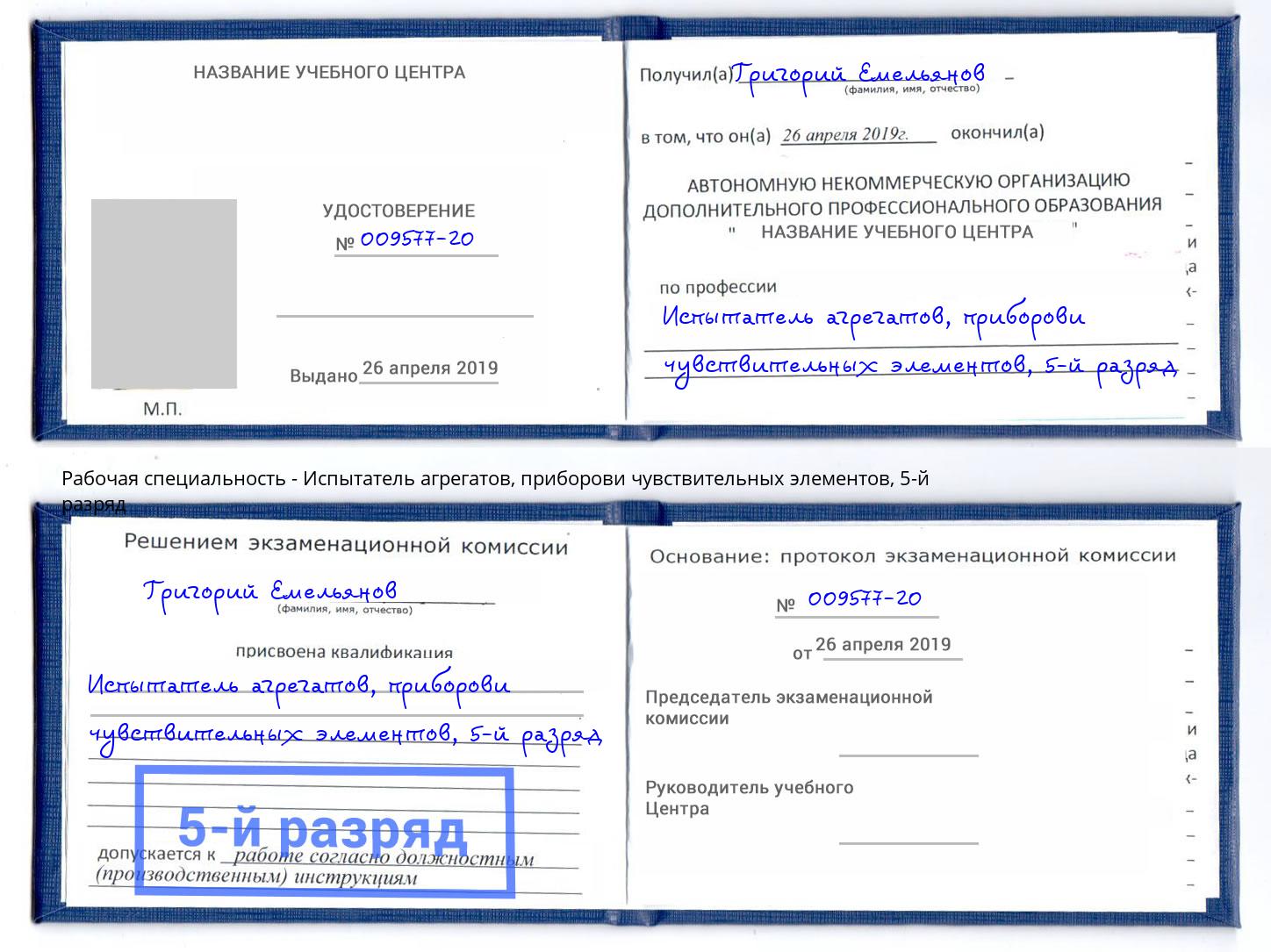 корочка 5-й разряд Испытатель агрегатов, приборови чувствительных элементов Озерск