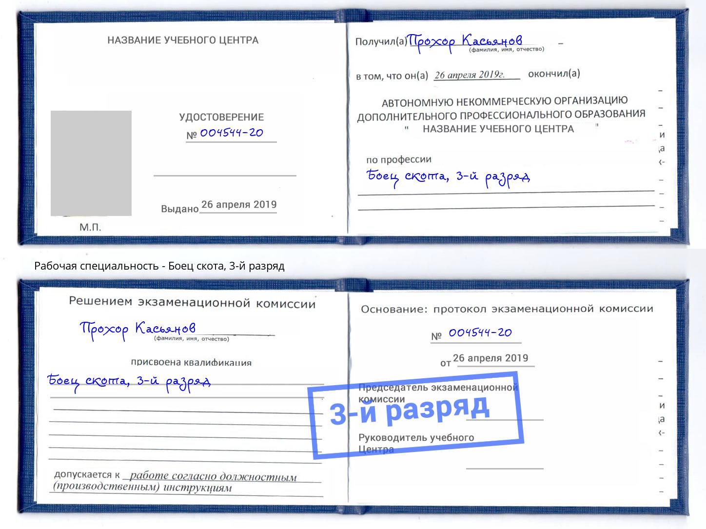 корочка 3-й разряд Боец скота Озерск