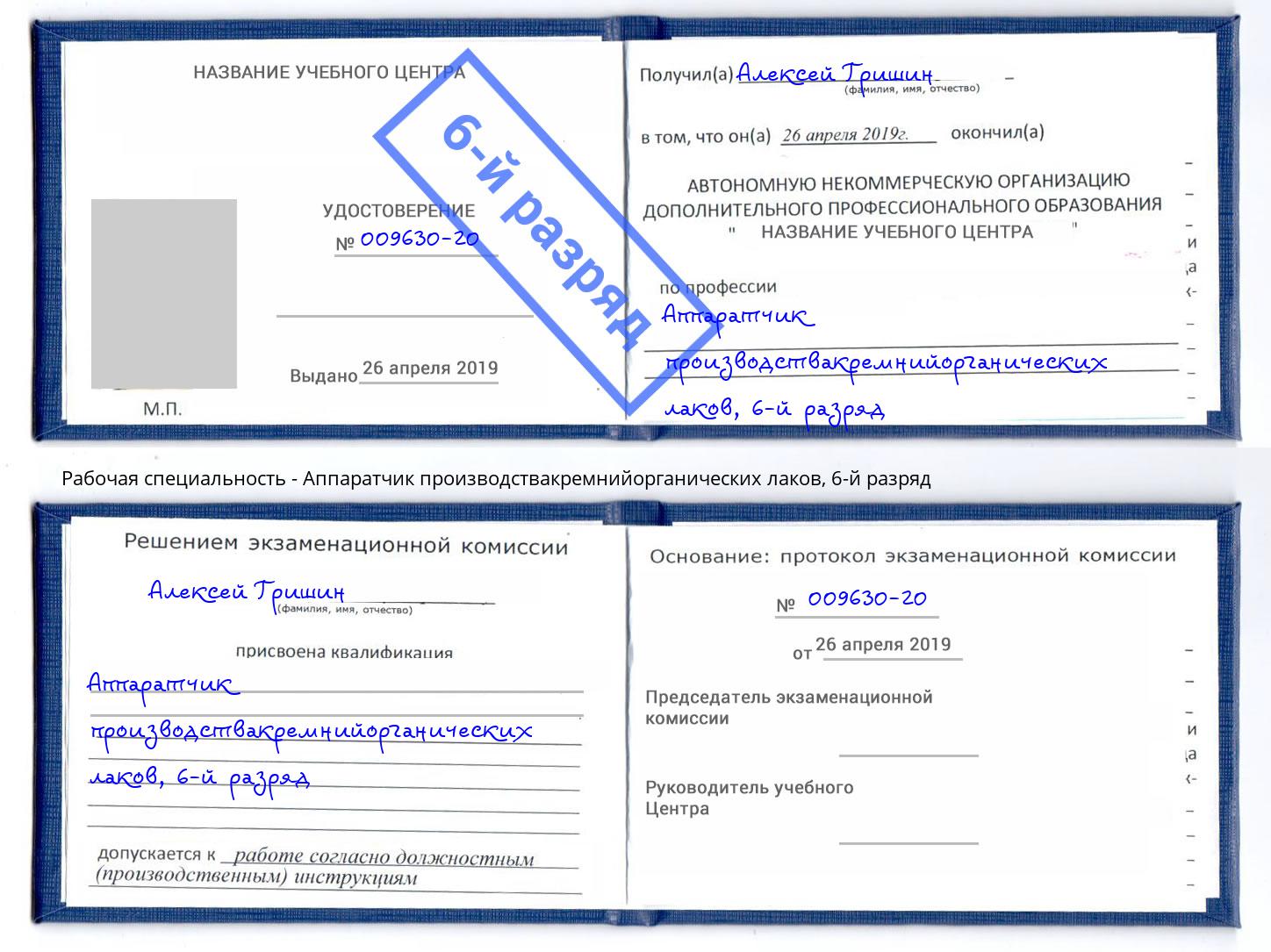 корочка 6-й разряд Аппаратчик производствакремнийорганических лаков Озерск